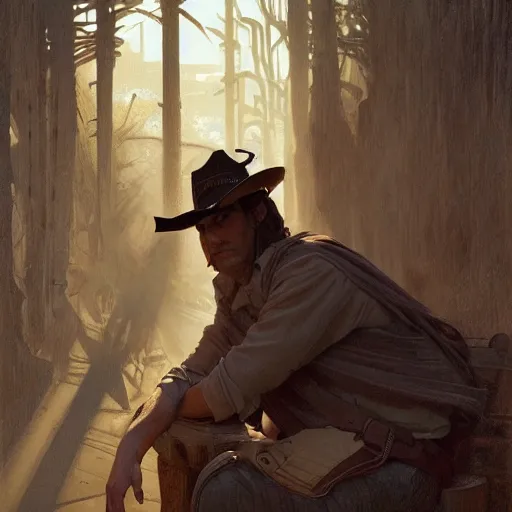 Prompt: clean shaven, tan, middle - aged christian priest with dark hair in wild west, intricate, highly detailed, digital painting, artstation, oppressive lighting, concept art, sharp focus, illustration, art by greg rutkowski and alphonse mucha