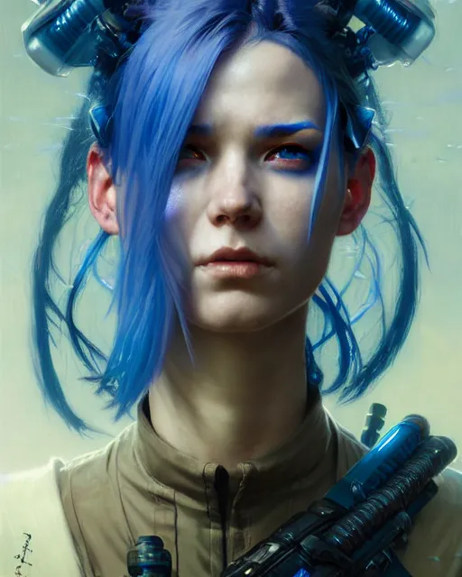 Prompt: portrait of a beautiful cyberpunk soldier with blue hair, beautiful symmetrical face, blueish, fantasy, regal, by stanley artgerm lau, greg rutkowski, thomas kindkade, alphonse mucha, loish, norman rockwell.