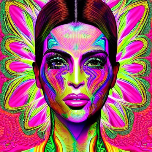 Image similar to an extremely psychedelic portrait of kim kardashian, surreal, lsd, face, detailed, intricate, elegant, lithe, highly detailed, digital oth, sharp focus, illustration,