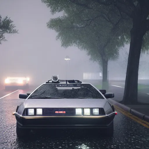 Image similar to hyperdetailed, photorealistic photograph of a dmc 1 2 delorean driving in the streets, rain, night, dense fog, hd, unreal engine 5