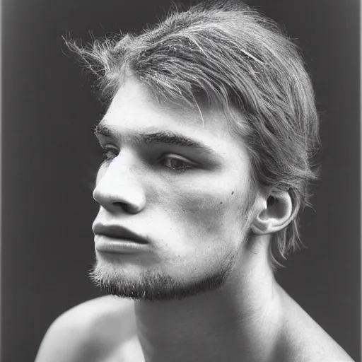 Image similar to portrait of a young 2 5 year old blonde blued serbian man photographed by robert mapplethorpe