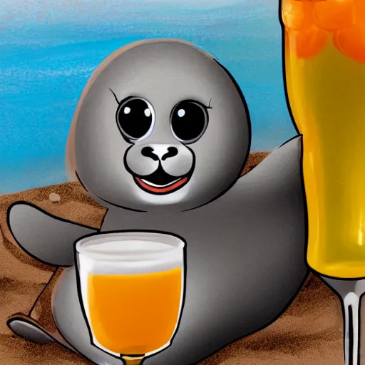 Image similar to a cute happy baby seal drinking a mimosa on the beach, 4k, digital art