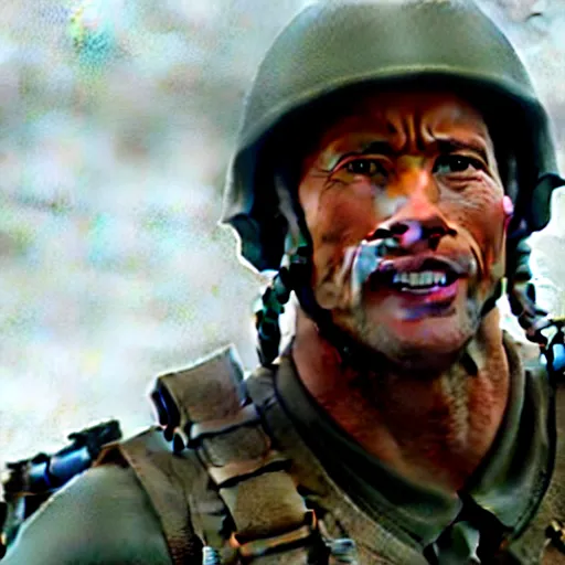 Prompt: A closeup of Dwayne The Rock Johnson storming the beaches of Normandy, Saving Private ryan