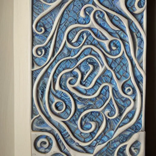 Prompt: fine details, serpentine maze, fractal swirls, twisty, carved soapstone relief paneling white and pale blue