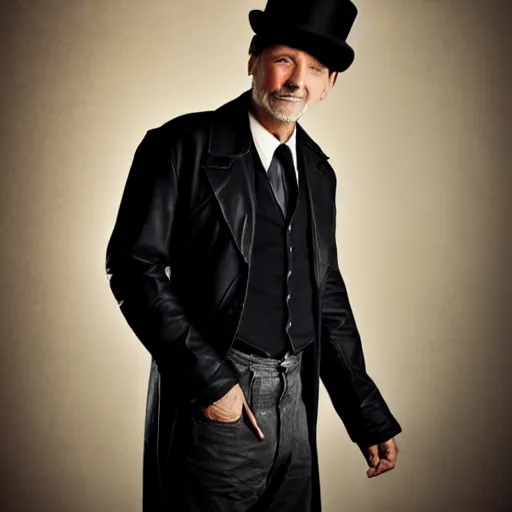 Image similar to a gentleman wearing a black leather hat, cinematic style, front view, cool looking