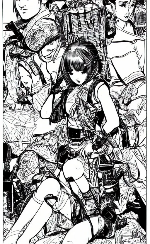 Prompt: manga style, black and white, intricate line art, portrait of a girl, trench and sandbags in background, soldier clothing, short hair, hair down, symmetrical facial features, norman rockwell, tom lovell, alex malveda, jack kirby, greg staples