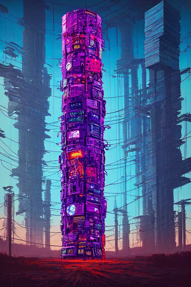 Image similar to cyberpunk tower made out of billions of stacked computer screens by simon stalenhag and dan mumford