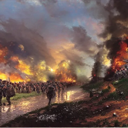 Prompt: thomas kinkade drawing of world war 1 battlefield