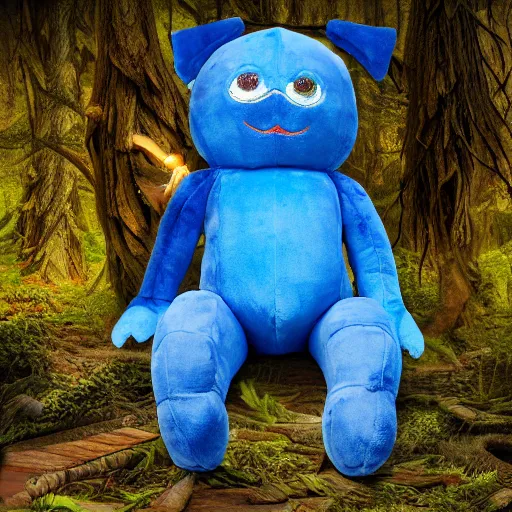 Prompt: demonic blue'snappy gifts'human - sized plush doll, in magical forest, holding gift, dark atmosphere, high detail, soft lighting, 8 k