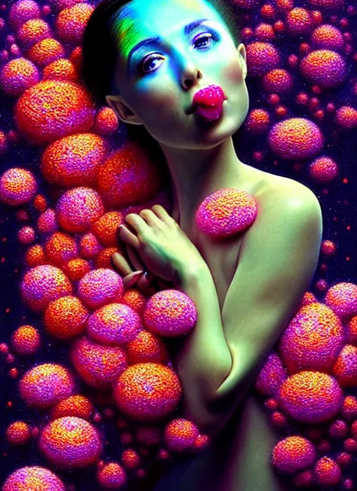 Image similar to hyper detailed 3d render like a chiariscuro Oil painting with focal blur - Aurora (Singer) looking adorable and seen in dynamic pose joyfully Eating of the Strangling network of yellowcake aerochrome and milky Fruit and Her delicate Hands hold of gossamer polyp blossoms bring iridescent fungal flowers whose spores black the foolish stars to her smirking mouth by Jacek Yerka, Mariusz Lewandowski, Houdini algorithmic generative render, Abstract brush strokes, Masterpiece, Edward Hopper and James Gilleard, Zdzislaw Beksinski, Mark Ryden, Wolfgang Lettl, hints of Yayoi Kasuma, octane render, 8k