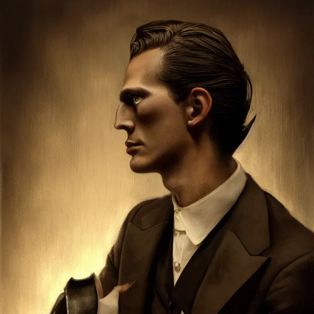 Prompt: photorealistic sepia full - head portrait of a 1 9 2 0 s era smirking male occultist, well dressed, long - tailed tuxedo coat, atmospheric lighting, dark, brooding, painted, intricate by tom bagshaw, ultra detailed, well composed, best on artstation, cgsociety, epic, stunning, gorgeous, intricate detail, much wow, masterpiece