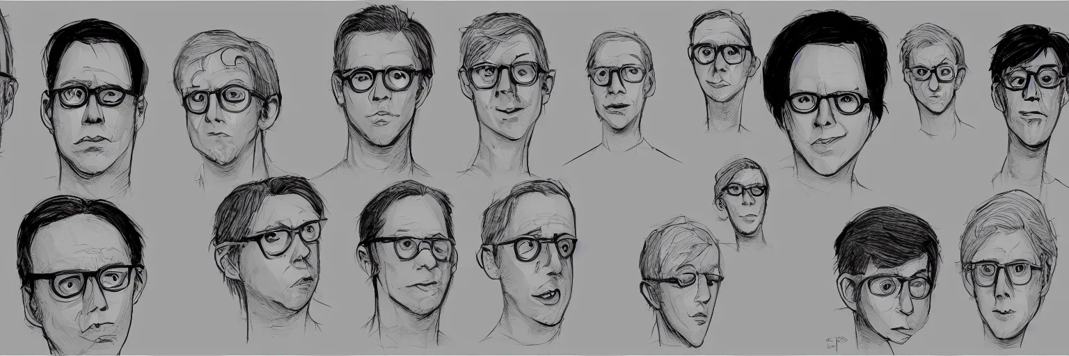 Image similar to male character study of todd solondz and tori spelling, clear faces, screenwriter, introvert, outsider, geek, disturbed, emotional, character sheet, fine details, concept design, contrast, kim jung gi, pixar and da vinci, trending on artstation, 8 k, full body and head, turnaround, front view, back view, ultra wide angle