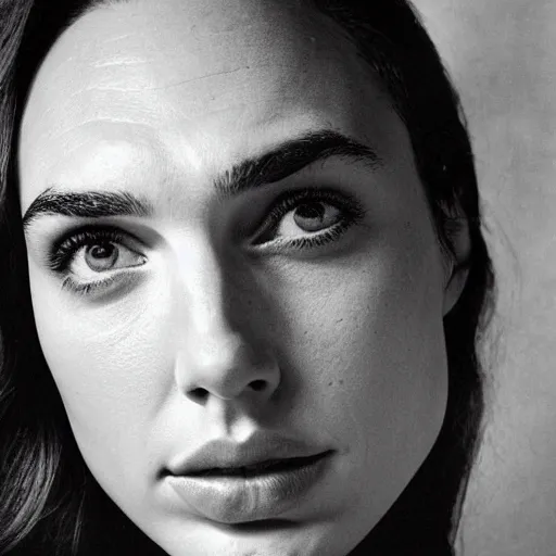 Prompt: photo of Gal Gadot by Diane Arbus, extreme closeup, black and white, high contrast, Rolleiflex, 100mm f/4 lens