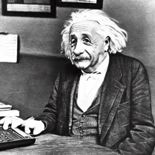 Image similar to einstein using a laptop