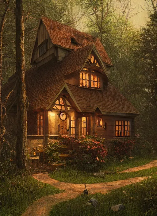 Image similar to hyper realistic homely witch cottage with random architectural styles, in the woods gorgeous lighting, highly detailed, lush forest painting by norman rockwell, james gurney zdzisław beksinski and norman rockwell and greg rutkowskiweta octane render