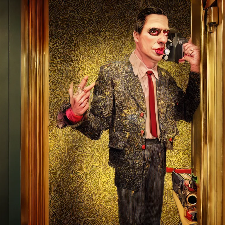 Image similar to vogue professional octane render portrait by wayne barlow and carlo crivelli and glenn fabry, a sinister man in a bright colorful patterned pastel wes anderson elevator operator costume inside a dark and moody vintage elevator in a high - end exotic vintage boutique hotel, very short depth of field, bokeh