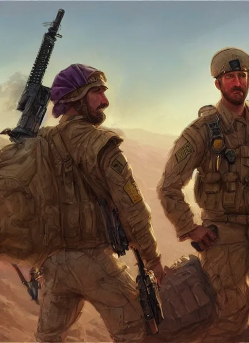 Image similar to purple scene lighting, detailed character portrait!!! concept art, older ryan gosling as a soldier with beard, short hair, in a soldier uniform, desert background, city skyline, sharp focus, illustration, highly detailed, digital painting, concept art, matte, art by wlop and artgerm and greg rutkowski, masterpiece