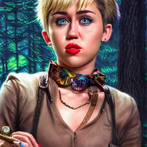 Prompt: miley cyrus as a detective, looking for clues, cute and adorable, pretty, aesthetic forest, portrait, matte fantasy painting, DeviantArt, Artstation, by donato giancola, ralph horley, loish, cinematic lighting