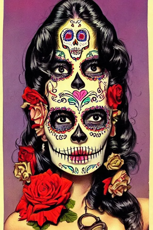 Prompt: Illustration of a sugar skull day of the dead girl, art by john philip falter