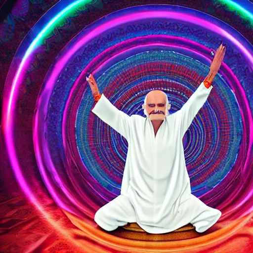 Prompt: ram dass in a thin white robe with 7 Chakras in his body, Kundalini Energy, Ajna Chakra, neon colors, surreal, hyper realistic, 3d render, ray tracing