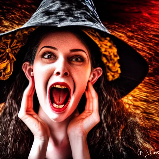 Image similar to gorgeous witch surprised and excited because she can cast a spell, magic, comedy , fantasy, D&D, HDR, natural light, award winning photograph, 8k, Mucha style,