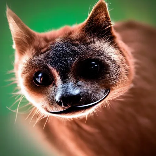 Image similar to a feline cat - sloth - hybrid with a beak, animal photography, wildlife photo, award winning