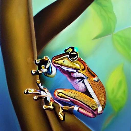 Image similar to beautiful oil painting of common frog sitting on a tree, day light, sunlight swamp, award - winning, matte,