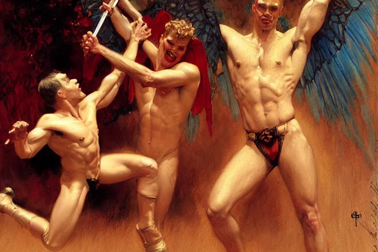 Image similar to demon and angle, painting by gaston bussiere, craig mullins, j. c. leyendecker, tom of finland