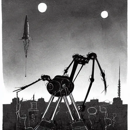 Image similar to three-legged robot from the story War of the Worlds by Herbert Wales, rises above the foggy city at night and shines searchlights on the ground in search of people, realism,