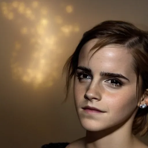 Prompt: emma watson with thought bubble above her with emma watson glowing halo