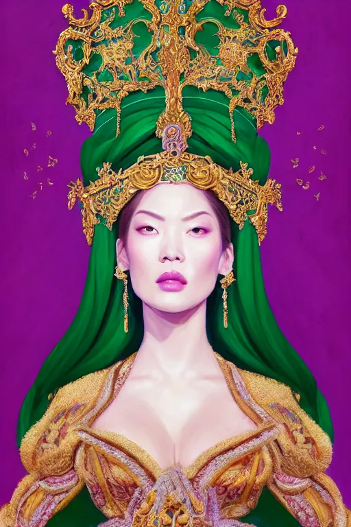 Prompt: a beautiful empress portrait, with a brilliant, impossible striking shiny big emerald headpiece, white and emerald robes, dramatic studio lighting, rococo, baroque, jewels, asian, hyperrealistic, closeup, D&D, fantasy, intricate, elegant, highly detailed, digital painting, artstation, octane render, 8k, concept art, matte, sharp focus, illustration, art by Artgerm and Greg Rutkowski and Alphonse Mucha