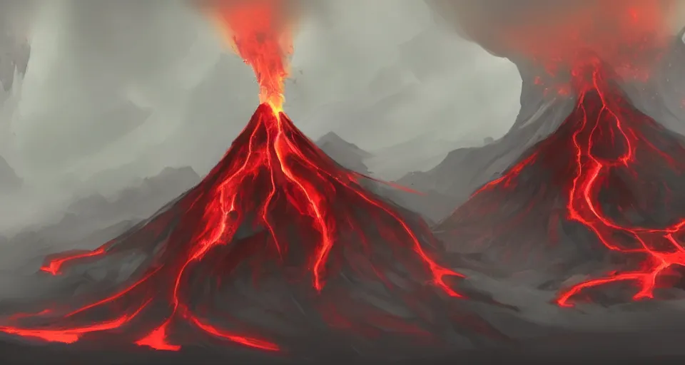 Prompt: a volcano made of ivory vines and crimson rocks enters in eruption, it spits a smoke in the shape of demonic eye, by League of Legends concept artists