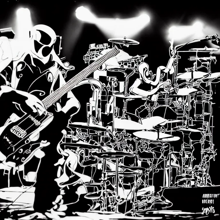 Image similar to a beautiful electronic concert photo shot of a couple of threea toys figurines by ashley wood, octopus robots playing drums and fender telecaster guitar, black background, concert light, dark mood, warm lights