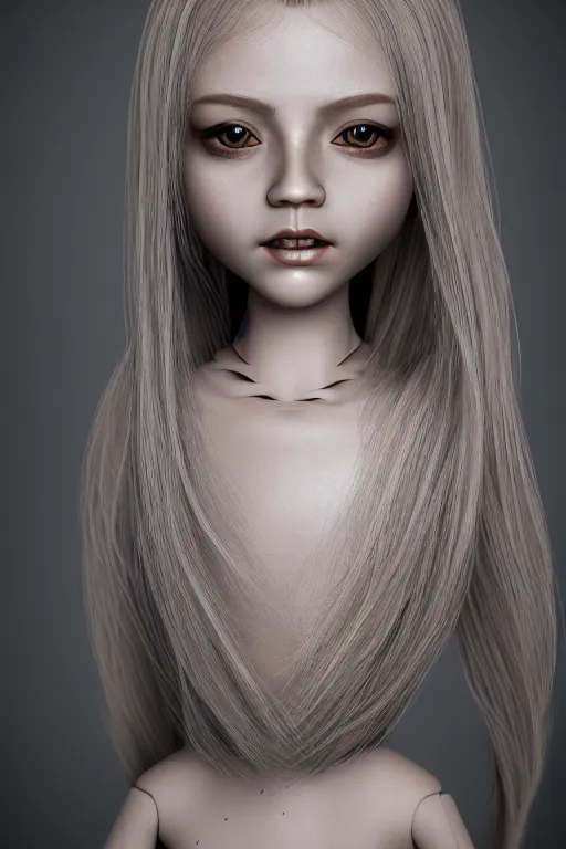 Image similar to beautiful ball jointed doll head, long shiny hair, intricate detailed, sharp focus, octane render, high quality, Symmetrical face composition, 8k, volumetric lighting, on black background