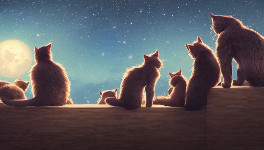 Image similar to back view of cats on rooftop looking at the stars during night, hyperdetailed, artstation, cgsociety, 8 k