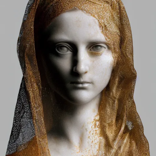 Image similar to a masterpiece marble sculpture of the veiled virgin, subsurface cracks, !dramatic !face, !female, covered in intricate !detailed golden !!streaked veil , physically based rendering, ultra photo realistic, cinematic lighting , dark background by Dan Hillier