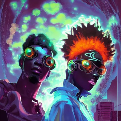 Image similar to afro - cyberpunk deities unseen amongst their creations, gods and men, a society manifesting dreams with cosmic ancestral magic in a modern world | hyperrealistic oil painting | by makoto shinkai, ilya kuvshinov, lois van baarle, rossdraws, basquiat | afrofuturism, in the style of surrealism, trending on artstation | dark color scheme