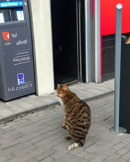 Image similar to cat standing up, in line at an ATM in copenhagen, as seen on reddit, photograph