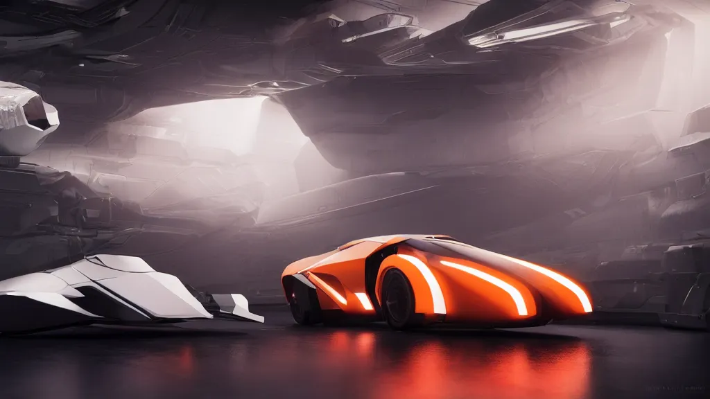 Prompt: a photorealistic dramatic hyperrealistic full frame render of a sleek futuristic interstellar spacecraft, ultra realistic details, glossy white metal, orange racing stripes by nicolas bouvier sparth, vitaly bulgarov, ben mauro, ilm, beautiful dramatic dark moody tones and lighting, cinematic atmosphere, studio lighting, shadows, dark background, octane render, 8 k