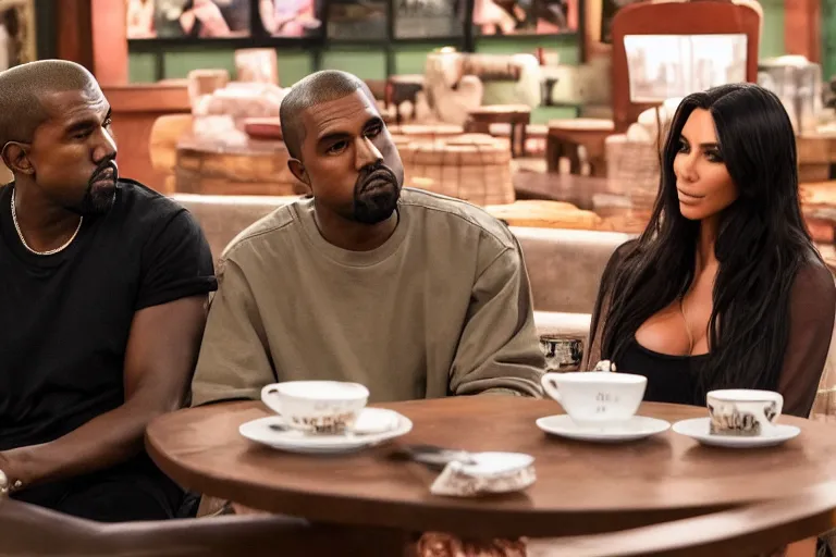 Prompt: Kanye West and Kim Kardashian (2018) are best friends, drinking coffee at central perk, still photo, hyperrealistic, highly detailed, 35mm, 8k, by weta digital