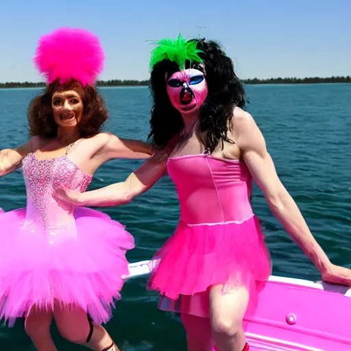 Image similar to ( putin as old gregg ) wearing a pink tutu, on a boat on a lake