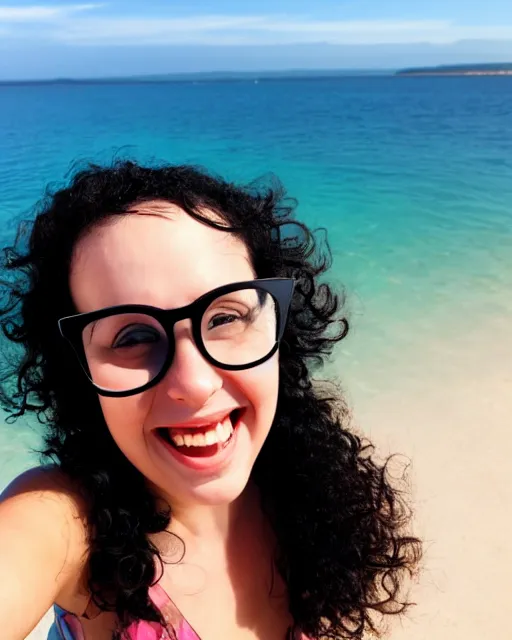 Prompt: picture of a beautiful happy girl in front of sea, with round glasses, curly black hair, triangular face, smiling, 8k, trending on