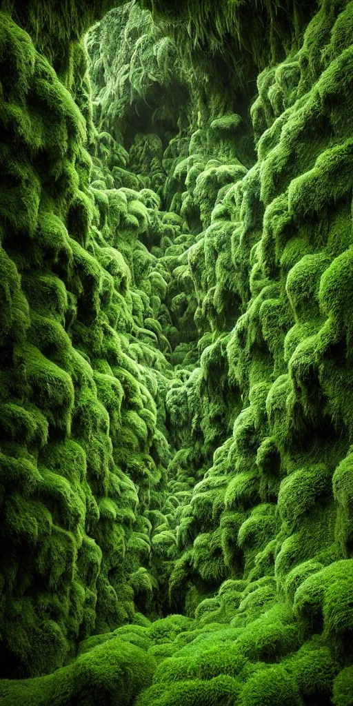 Image similar to dream looking through, a hyper realistic photograph fertile, lush mossy ferns canyon, ferns, minimalist structure, misty, raining, icelandic valley, in the style of reuben wu, roger deakins