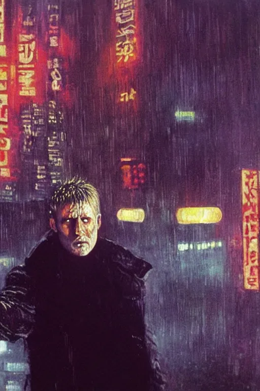 Image similar to a moving painting of the final scene of blade runner where replicant roy batty realizes the very absurdity of life when all memories will be lost in time like tears in the rain, in the style of blade runner, ridley scott