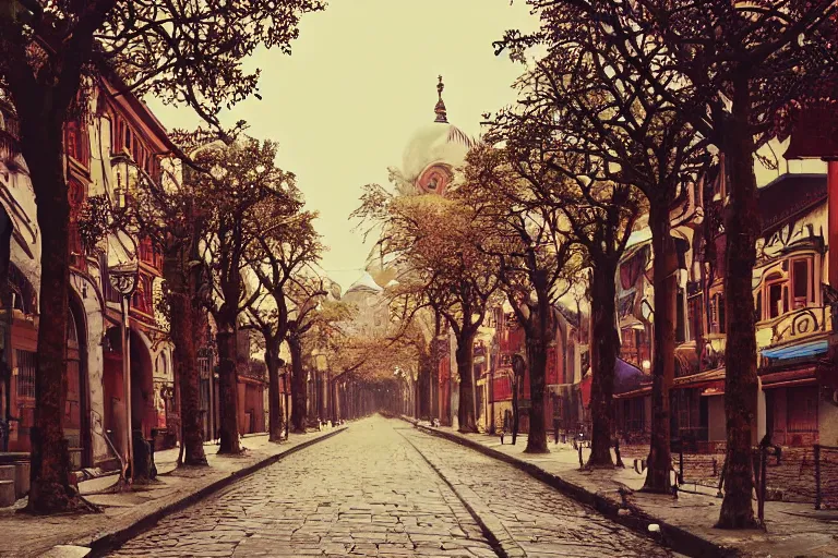 Image similar to tree-lined street in a very old very beautiful city by Gustav Bauernfeind and Nicholas Roerich, ornate wrought iron, strong dramatic cinematic lighting , colorful tiled architecture, lost civilizations, smooth, sharp focus, extremely detailed