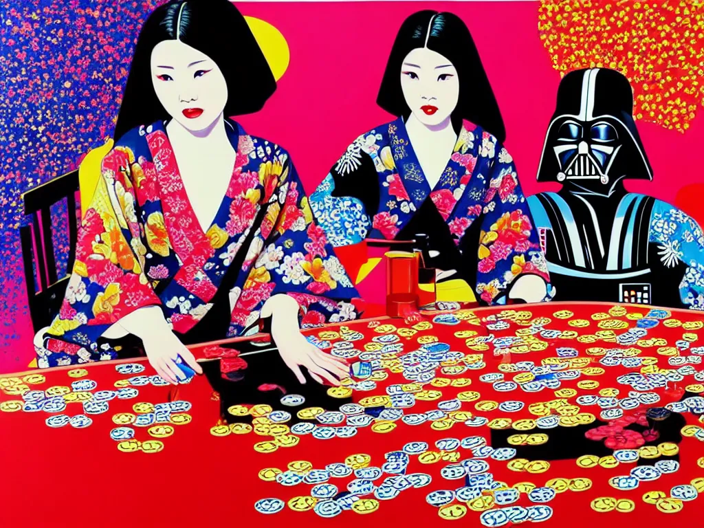 Image similar to hyperrealistic composition of the detailed woman in a japanese kimono sitting at a poker table with darth vader, fireworks, beautiful mountain in the background, pop - art style, jacky tsai style, andy warhol style, acrylic on canvas