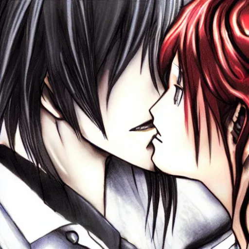 Prompt: L·Lawliet kissing Light Yagami,Official character illustration,Popular on Pixiv,Death Note,fantasy cherry blossom background