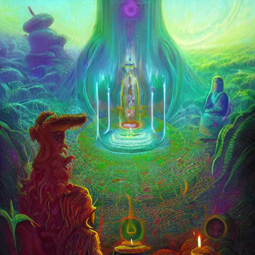 Prompt: sacred Ayahuasca, hermetic, occult, surreal, hidden knowledge by Paul Lehr, Karl Kopinski and Mandy Jurgens'