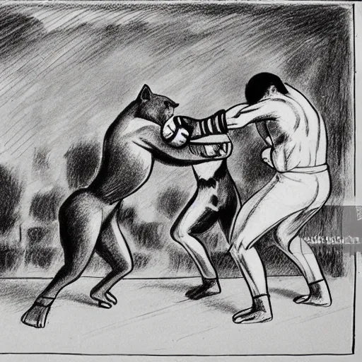 Image similar to cats fighting dogs and rats in a boxing match, detailed drawing, masterpiece