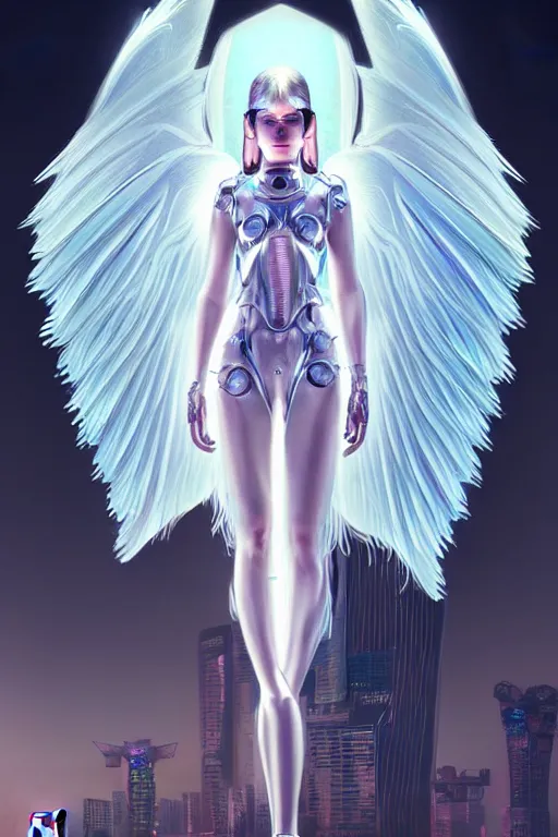 Image similar to portrait futuristic angel Girl with halo and wings and feathers and silver mirror armor, in future cyberpunk tokyo rooftop , ssci-fi, fantasy, intricate, very very beautiful, elegant, human anatomy, human structure, neon light, highly detailed, digital painting, artstation, concept art, smooth, sharp focus, illustration, art by tian zi and WLOP and alphonse mucha